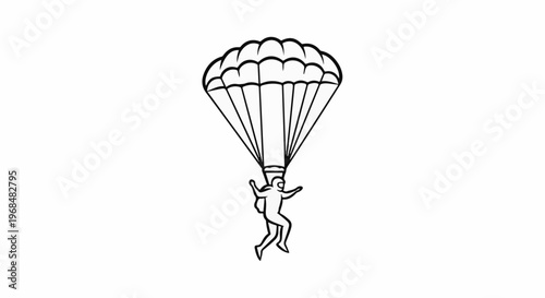 A black and white line drawing of a skydiver falling with an open parachute