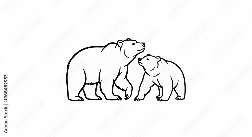 Fototapeta premium A black and white line drawing of two bears, one large and one small