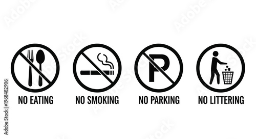 Four prohibition signs eating smoking parking and littering silhouette