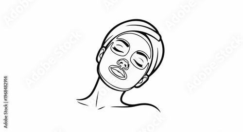 A stylized black and white line drawing of a woman's face with a mask