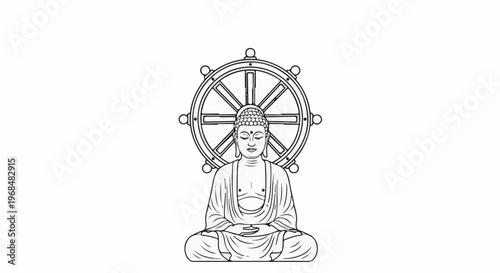 A black and white line drawing of Buddha in meditation, with Dharma wheel