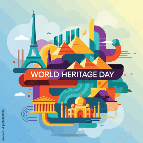 Colorful illustration celebrating World Heritage Day with iconic landmarks