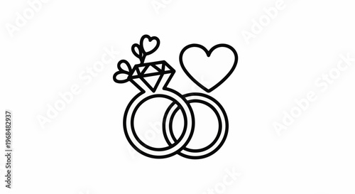 A stylized black and white outline of two wedding rings and a heart