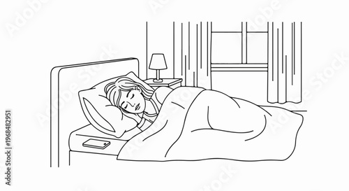 A woman sleeps soundly in bed, with a phone and lamp nearby