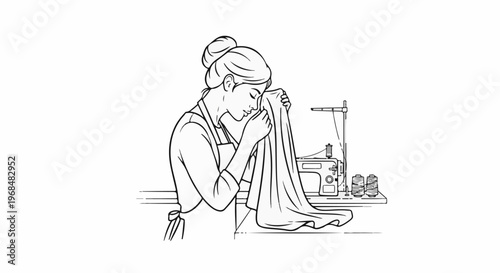 A woman with her hair in a bun, wearing an apron, inspects fabric by a sewing machine