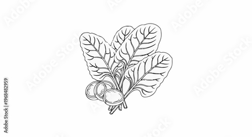 A black and white line drawing of leafy green vegetables with sliced root vegetables