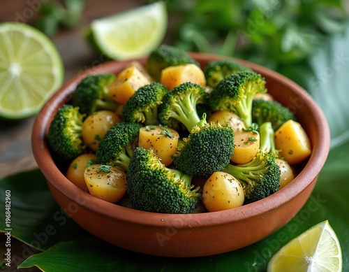Rustic bowl filled with roasted broccoli florets and potato chunks. Garnished with herbs and served with fresh lime wedges. A simple, healthy, and delicious meal.