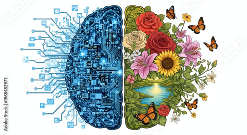 Conceptual illustration of a human brain split between technology and nature