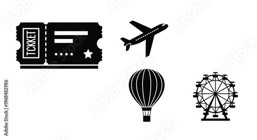 Travel icons including a ticket plane balloon and ferris wheel silhouette