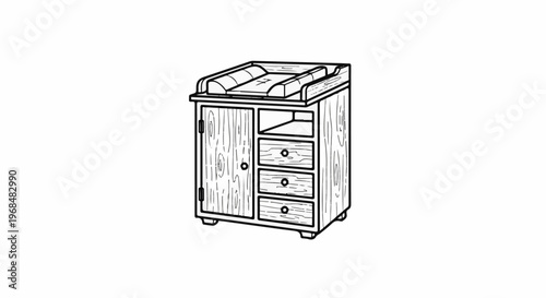 A wooden changing table with a cabinet and drawers, illustrated in line art