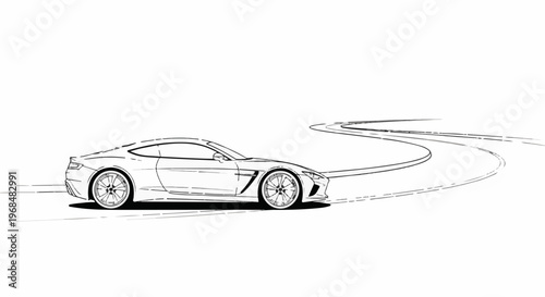 A stylized black and white sketch of a sleek sports car on a winding road