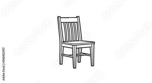 A wooden chair with a slatted backrest and square seat is drawn