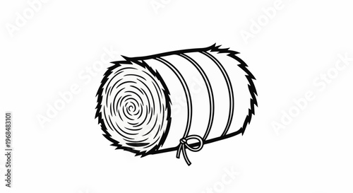 A black and white outline drawing of a round hay bale