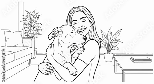 A young woman joyfully embraces her beloved dog in a cozy home setting