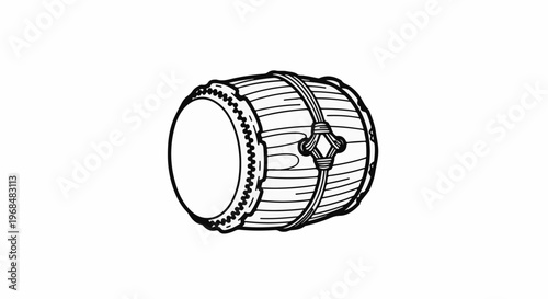 A black and white outline drawing of a traditional cylindrical drum with binding