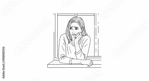 A young woman looks out a window with a thoughtful and anxious expression