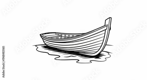 A black and white outline drawing of a wooden rowboat resting on shore
