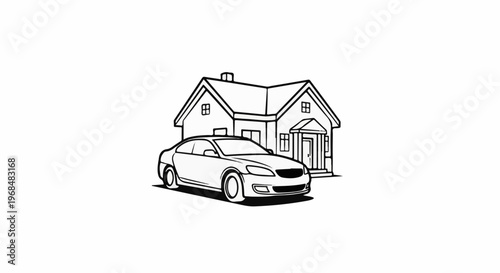 A black and white sketch of a car parked in front of a house