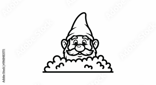 A stylized cartoon gnome peeks over a fluffy cloud-like barrier