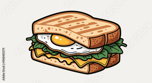 A grilled breakfast sandwich with a fried egg, cheese and greens