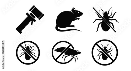 Pest control icons depicting threats and solutions in black silhouette