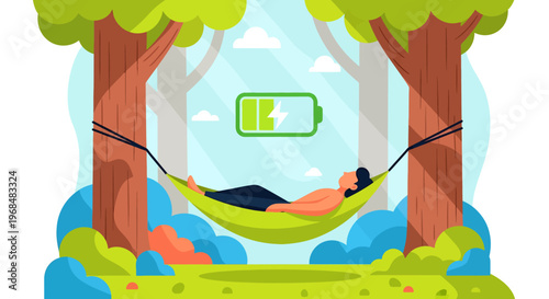 Person resting in a hammock in the forest to recharge energy