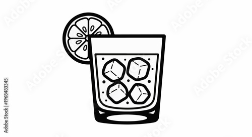 A simple black and white illustration of a glass filled with ice and a citrus slice