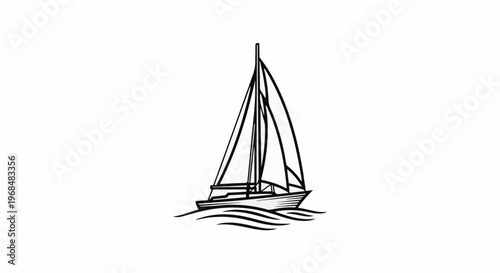 A simple black and white illustration of a sailboat on wavy water