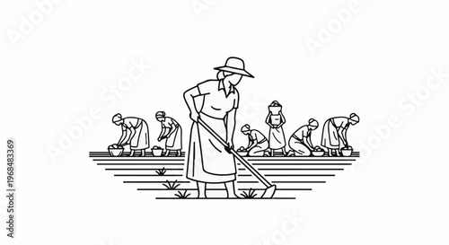 A group of women in a field, some tending crops, others harvesting