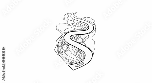 Abstract black and white line art of a winding river and landforms