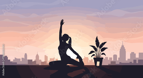 Silhouette of a woman practicing yoga on a rooftop at sunset