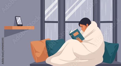 Cozy person reading a book wrapped in a blanket by a rainy window