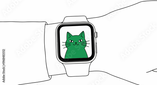 A hand wearing a smartwatch displays a vibrant green cat avatar on its screen