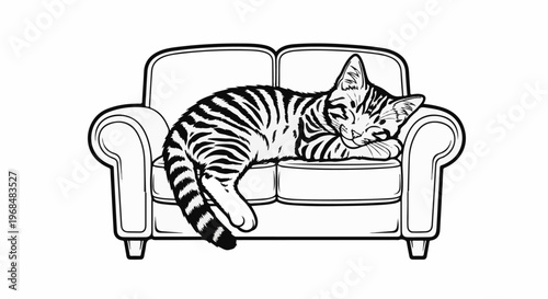 A black and white sketch of a tabby cat sleeping peacefully on a sofa