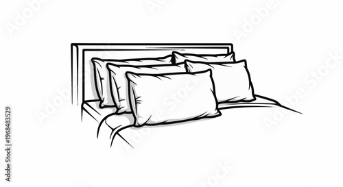 A hand-drawn black and white illustration of a bed with four plush pillows