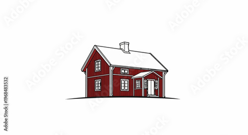 A simple red wooden house with a snow-covered roof and a chimney