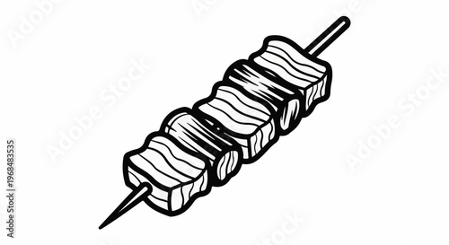 A simple black and white illustration of skewered meat cubes