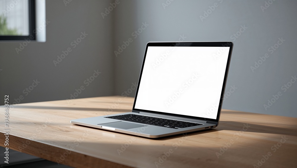 Fototapeta premium Modern Laptop on Wooden Table with Blank Screen in Bright Room