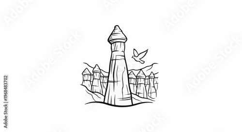 A stylized drawing of multiple ancient towers with a bird flying