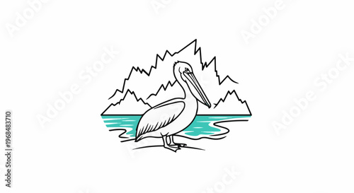 A hand-drawn pelican stands by blue water with jagged mountains behind it