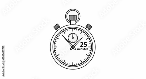 A simple black and white line drawing of a stopwatch displaying 25 minutes