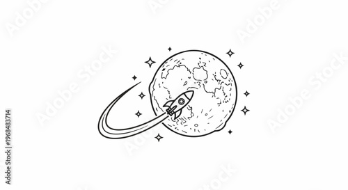 A hand-drawn rocket trails smoke as it approaches a cratered moon