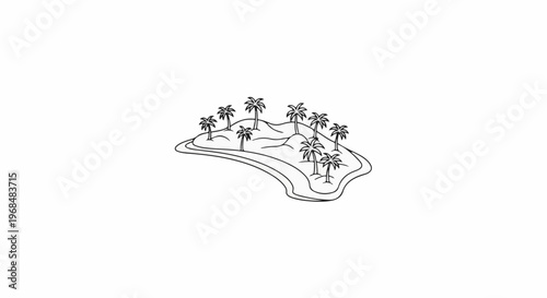 A simple black and white line drawing of a tropical island with palm trees