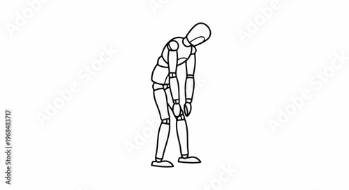 A simplified, black-and-white illustration of a jointed mannequin with its head bowed