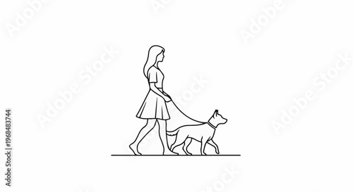 A simple black and white line drawing of a woman walking her dog on a leash