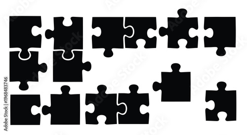 Arrangement of black puzzle pieces on a white background silhouette