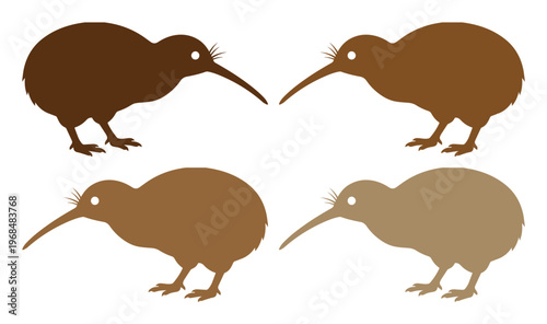 Four brown kiwi bird silhouettes, a collection of flightless New Zealand avian species, vector illustration set for nature and wildlife designs.