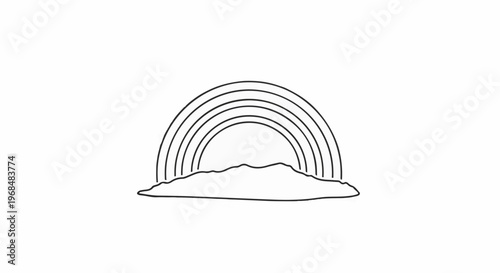 A simple black and white outline drawing of a rainbow arcs over a bumpy landscape