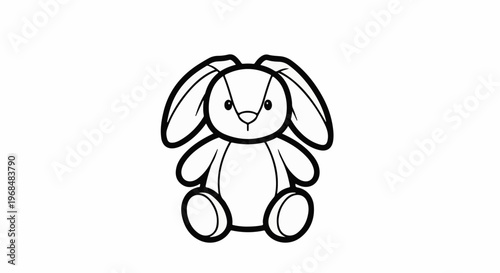 A simple black and white outline drawing of a seated plush toy bunny