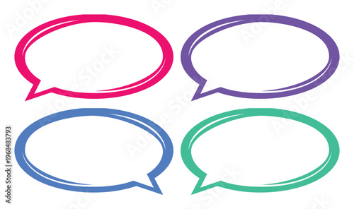 Vibrant speech bubble vector set, four colorful oval chat boxes, modern communication icons, empty thought balloons for text and messages, graphic resource for web design and social media.